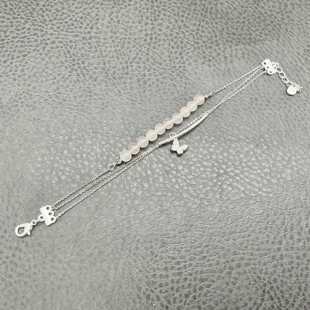 LC Layered Bracelet Womens Adjustable Silver Tone Pink Bead Butterfly Charm